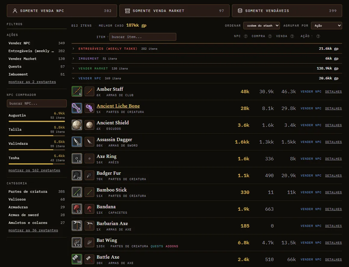 Results screen with the list in four blocks, one per action