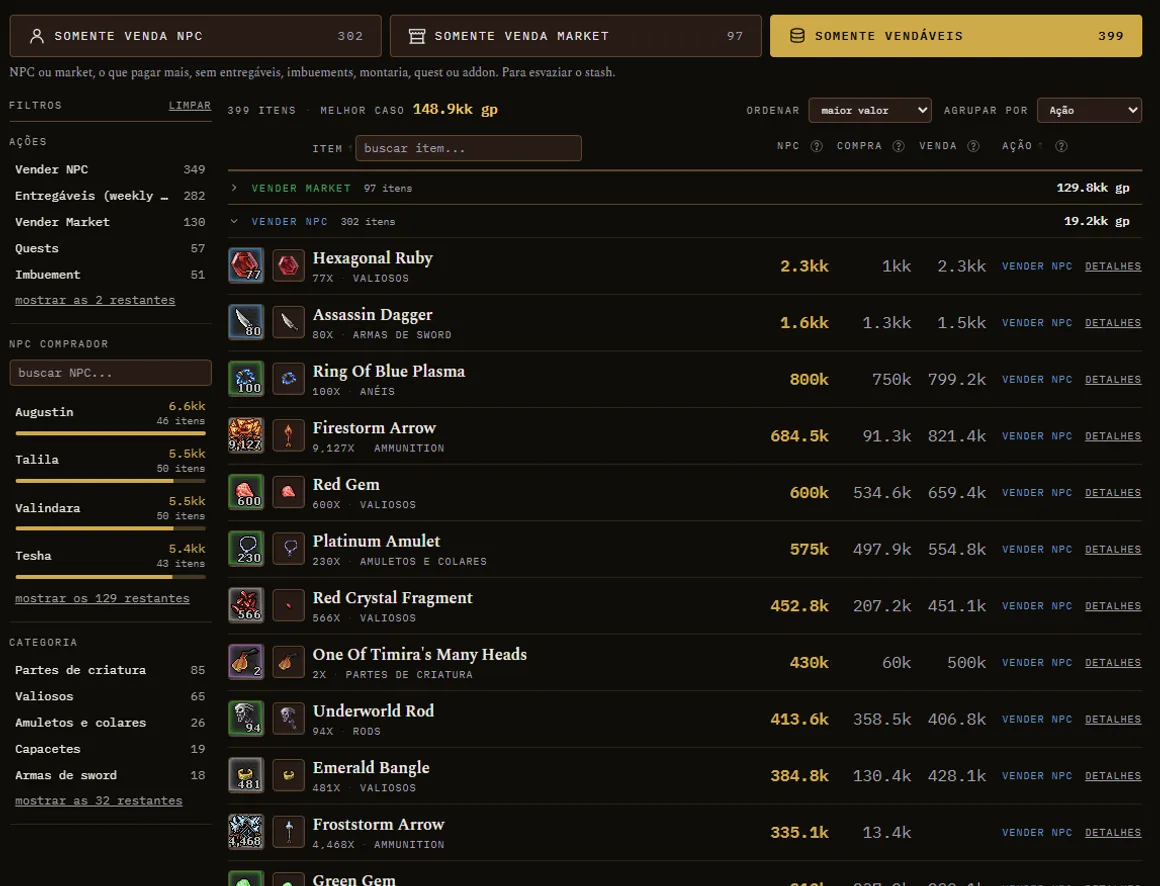 Results screen with the Sellable only filter and the list in blocks per action